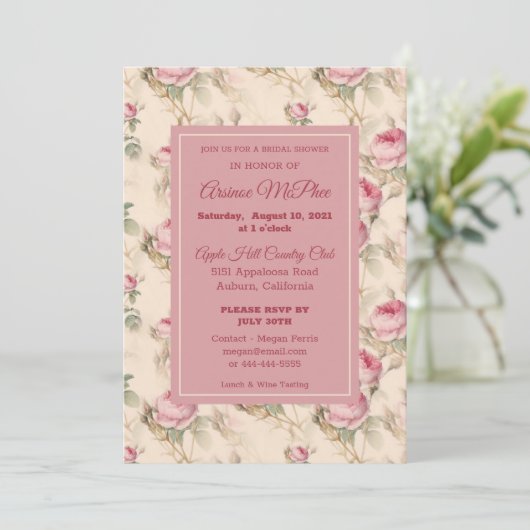 Stilvolle Vintage Blumendusche Einladung (Stehend Vorderseite)