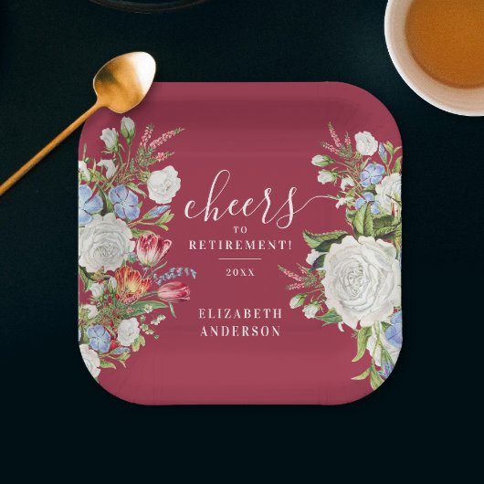 Stilvolle Vintage Burgund-Ruhestätte Garten Blumen Pappteller