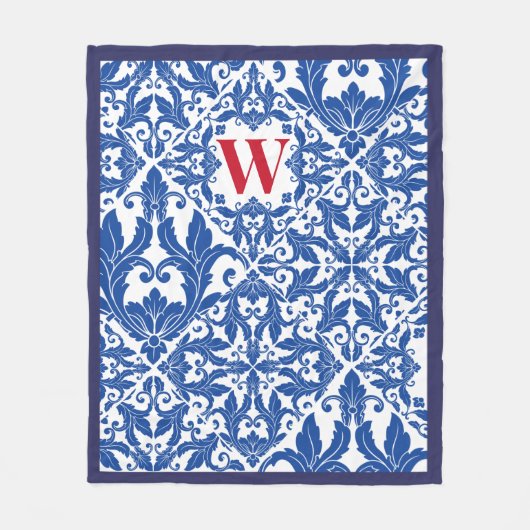 Stilvolle Vintage Damassohne Blaues Monogramm Fleecedecke (Vorderseite)
