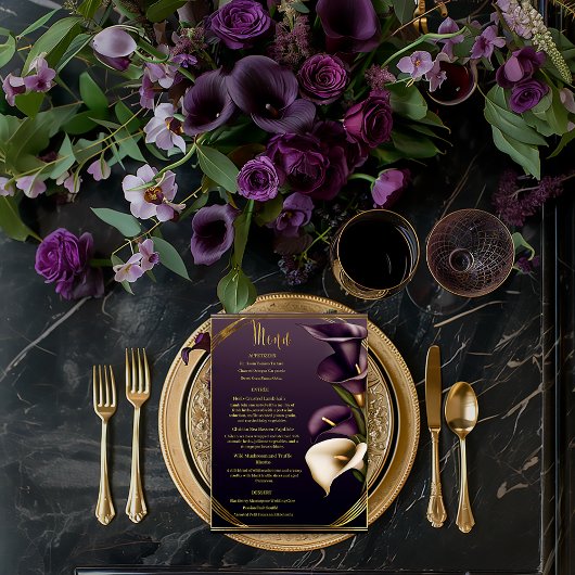 Stilvolle Violet Lila und Gold Calla Lily Wedding Menükarte