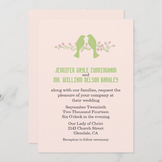 Stilvolle Vögel der Grünen Liebe laden zur Hochzei Einladung (Vorne/Hinten)