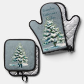 Stilvolle Wasserfarbe Schnee Evergreen Personalisi Ofenhandschuh & Topflappen-Set (Vorderseite/Rückseite)