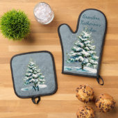 Stilvolle Wasserfarbe Schnee Evergreen Personalisi Ofenhandschuh & Topflappen-Set (Oben Unten)