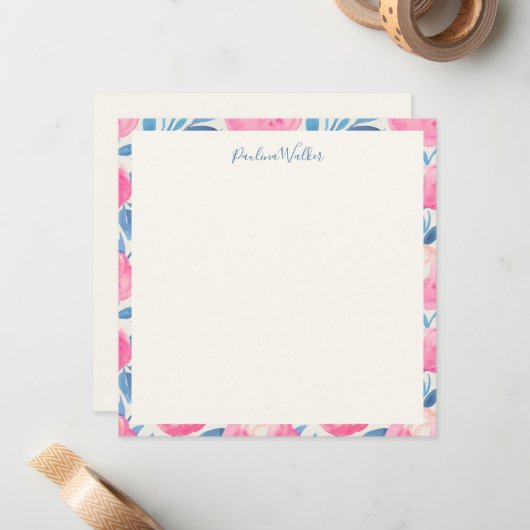 Stilvolle Watercolor Floral Blue Pink Personalisie Mitteilungskarte (Vorderseite/Rückseite Beispiel)