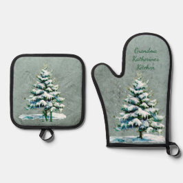 Stilvolle Watercolor Snowy Tree Personalisiert Ofenhandschuh & Topflappen-Set
