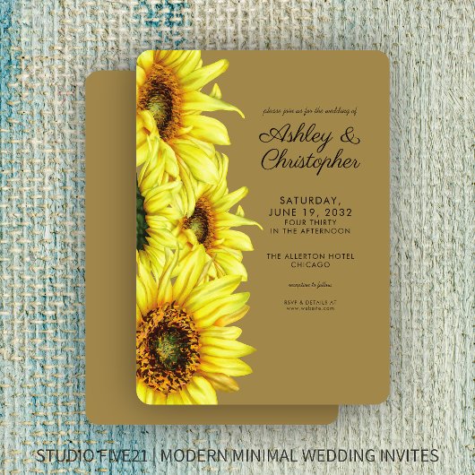 Stilvolle Watercolor Sonnenblume Gold Hochzeit Einladung
