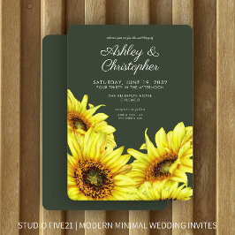 Stilvolle Watercolor Sonnenblume Moss Green Weddin Einladung