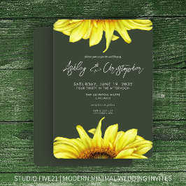 Stilvolle Watercolor Sonnenblume Moss Green Weddin Einladung
