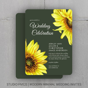 Stilvolle Watercolor Sonnenblume Moss Green Weddin Einladung