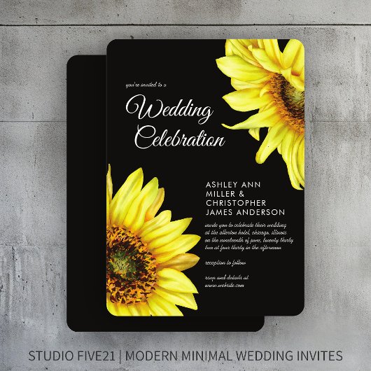 Stilvolle Watercolor Sonnenblume Rauch Black Weddi Einladung
