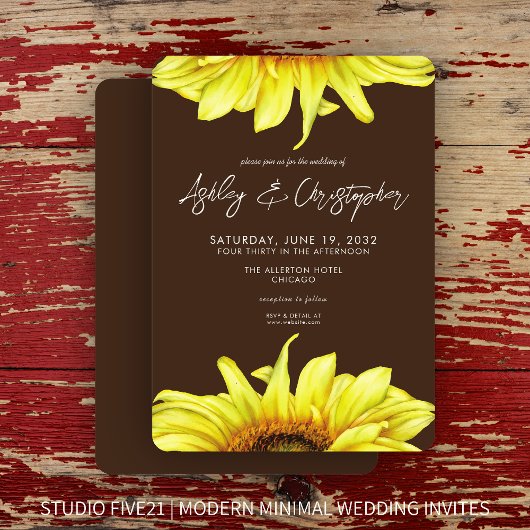 Stilvolle Watercolor Sonnenblume Walnut Brown Wedd Einladung