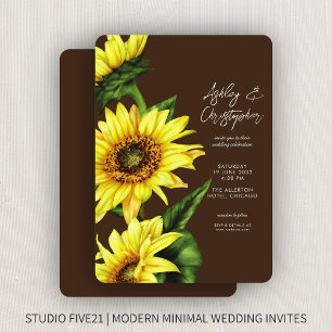Stilvolle Watercolor Sonnenblume Walnut Brown Wedd Einladung