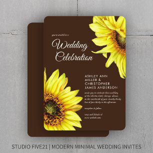 Stilvolle Watercolor Sonnenblume Walnut Brown Wedd Einladung