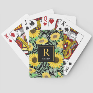 Stilvolle Watercolor Sonnenblumen Schwarzes Monogr Spielkarten