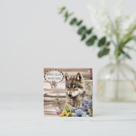 Stilvolle Watercolor Wolf-Blume Quadratische Visitenkarte (Stehend Vorderseite)