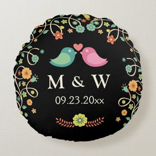 Stilvolle Wedding Monogram Floral Love Birds Coupl Rundes Kissen (Vorderseite)
