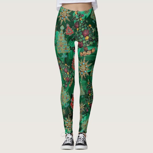 Stilvolle Weihnachtsbaum Jewel Bling Malachite Leggings (Vorderseite)