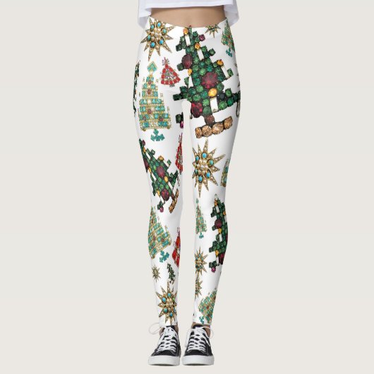 Stilvolle Weihnachtsbaum Jewel Muster Schlicht Whi Leggings (Vorderseite)