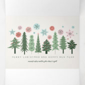 Stilvolle Weihnachtsbäume und Schneeflocken Dreifach Gefaltete Urlaubskarte (Innenseite Mitte)