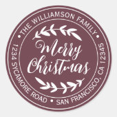 Stilvolle Weihnachtsfreude Rücksendeadresse Burgun Runder Aufkleber (Vorderseite)