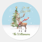 Stilvolle Weihnachtskarte der Wasserfarben-Rentier Runder Aufkleber (Vorderseite)