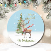 Stilvolle Weihnachtskarte der Wasserfarben-Rentier Runder Aufkleber