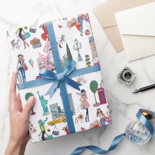 Stilvolle Weiß- und Multicolor Shopping Girls Geschenkpapier (Schenken)