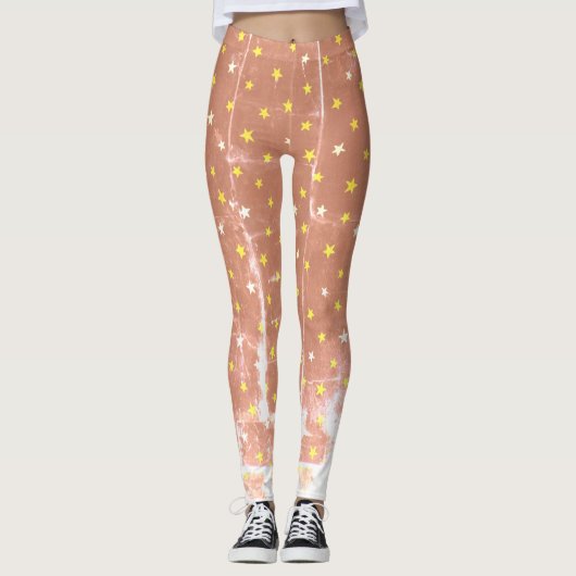 Stilvolle, weiße und gelbe Sterne Leggings (Vorderseite)
