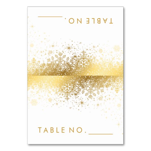 Stilvolle weiße und goldene Schneeflocken - Zeltka Tischnummer (Vorderseite)