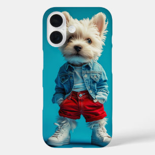 Stilvolle Westie Pup in Denim und Sneakers iPhone 16 Hülle