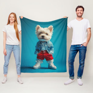 Stilvolle Westie Pup in Denim und Sneakers Fleecedecke