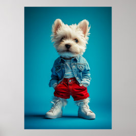 Stilvolle Westie Pup in Denim und Sneakers Poster