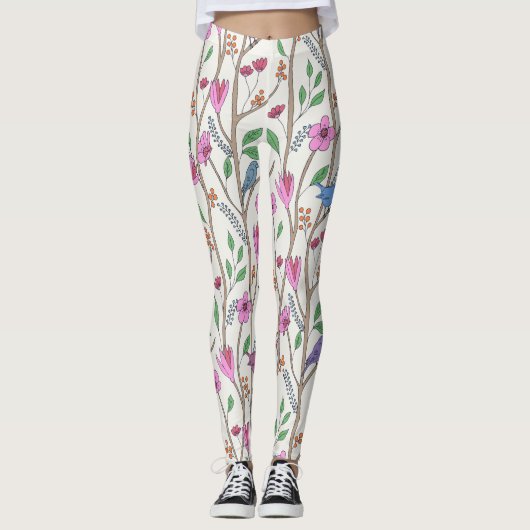 Stilvolle Whimsikale Vögel und Blume Leggings (Vorderseite)