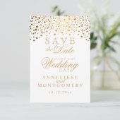 Stilvolle White & Gold Confetti Dots Save the Date (Stehend Vorderseite)