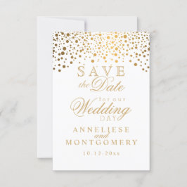 Stilvolle White & Gold Confetti Dots Save the Date
