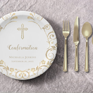 Stilvolle White-Gold-Cross-Bestätigung Pappteller