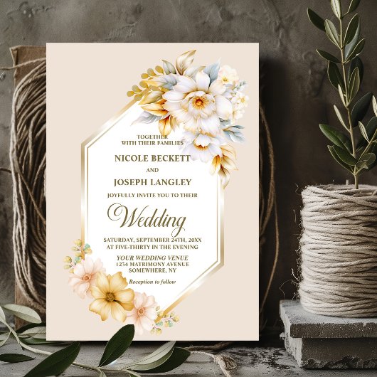 Stilvolle White Gold Floral Geometric Wedding Einladung