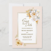 Stilvolle White Gold Floral Wedding Save the Date (Vorderseite)