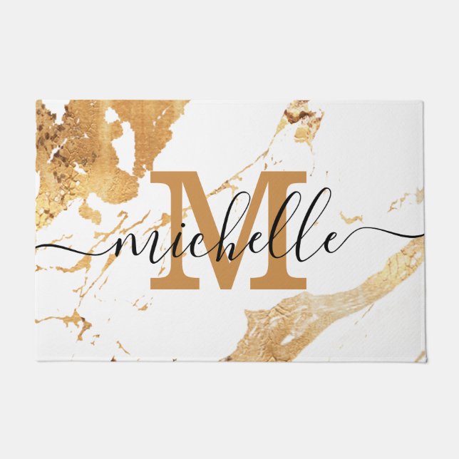 Stilvolle White Gold Marmorstone Chic Monogram Fußmatte (Vorderseite)