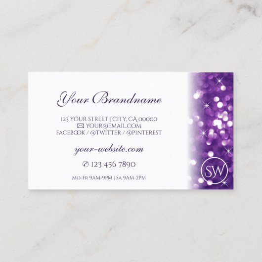 Stilvolle White Lila Sparkling Glitzer Initials Visitenkarte (Rückseite)