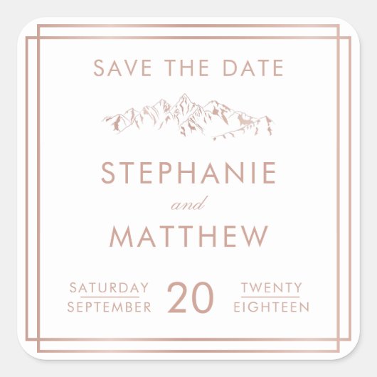Stilvolle White & Rose Gold Mountain Save the Date Quadratischer Aufkleber (Vorderseite)