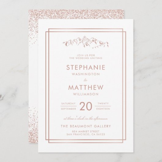 Stilvolle White & Rose Gold Mountain Wedding Einladung (Vorne/Hinten)