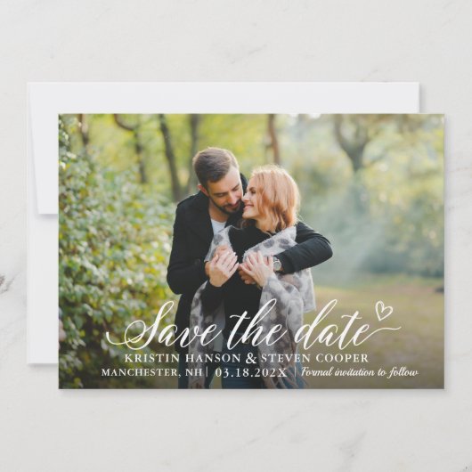 Stilvolle White Script Foto Save the Date Karte (Vorderseite)