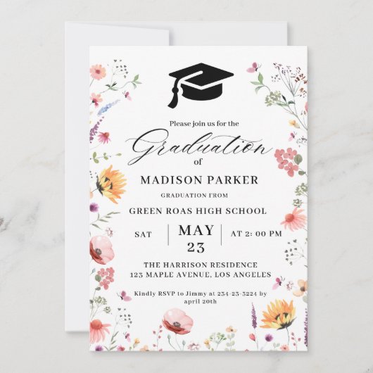 Stilvolle Wildblume Meadow Garden Abschluss Einladung (Vorderseite)