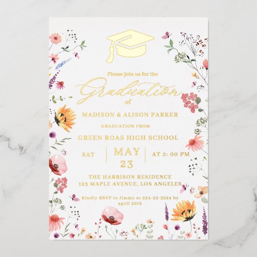 Stilvolle Wildblume Meadow Garden Twin Abschluss Folieneinladung (Vorderseite)