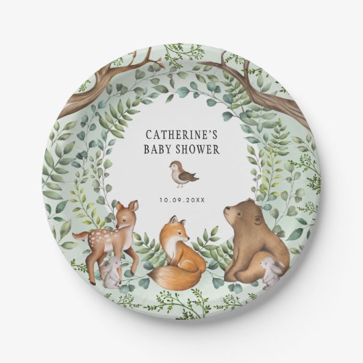 Stilvolle Woodland Forest Animals Baby Shower Favo Pappteller (Vorderseite)