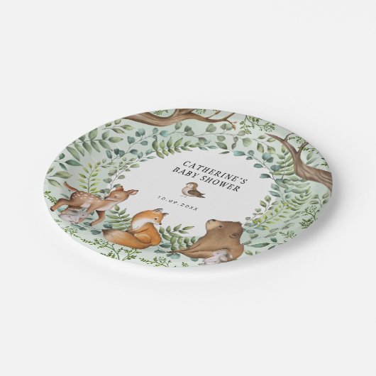 Stilvolle Woodland Forest Animals Baby Shower Favo Pappteller (Schrägansicht)