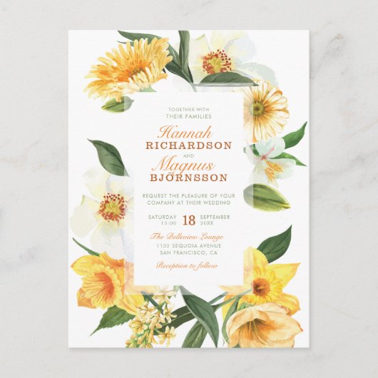 Stilvolle Yellow Watercolor Daisies Floral Wedding Einladungspostkarte (Vorderseite)
