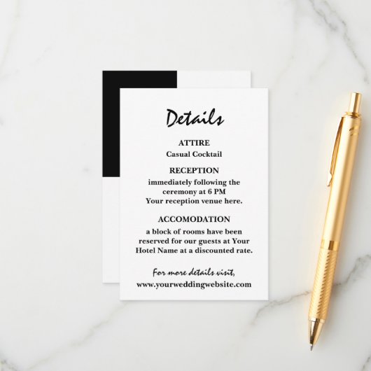 Stilvolle zeitgenössische Schwarz-Weiß-Hochzeit Begleitkarte (Vorderseite/Rückseite Beispiel)