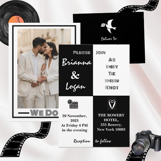 Stilvolle zeitgenössische Schwarz-Weiß-Hochzeit Einladung